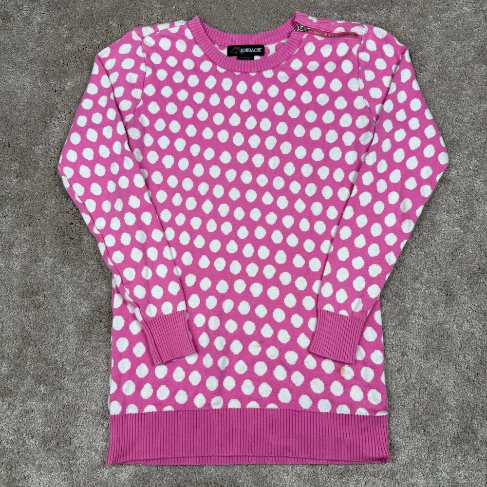 Jordache Pink Polka Dot Sweater Girls Size L 10-12 Crewneck Tunic Ribbed Trim